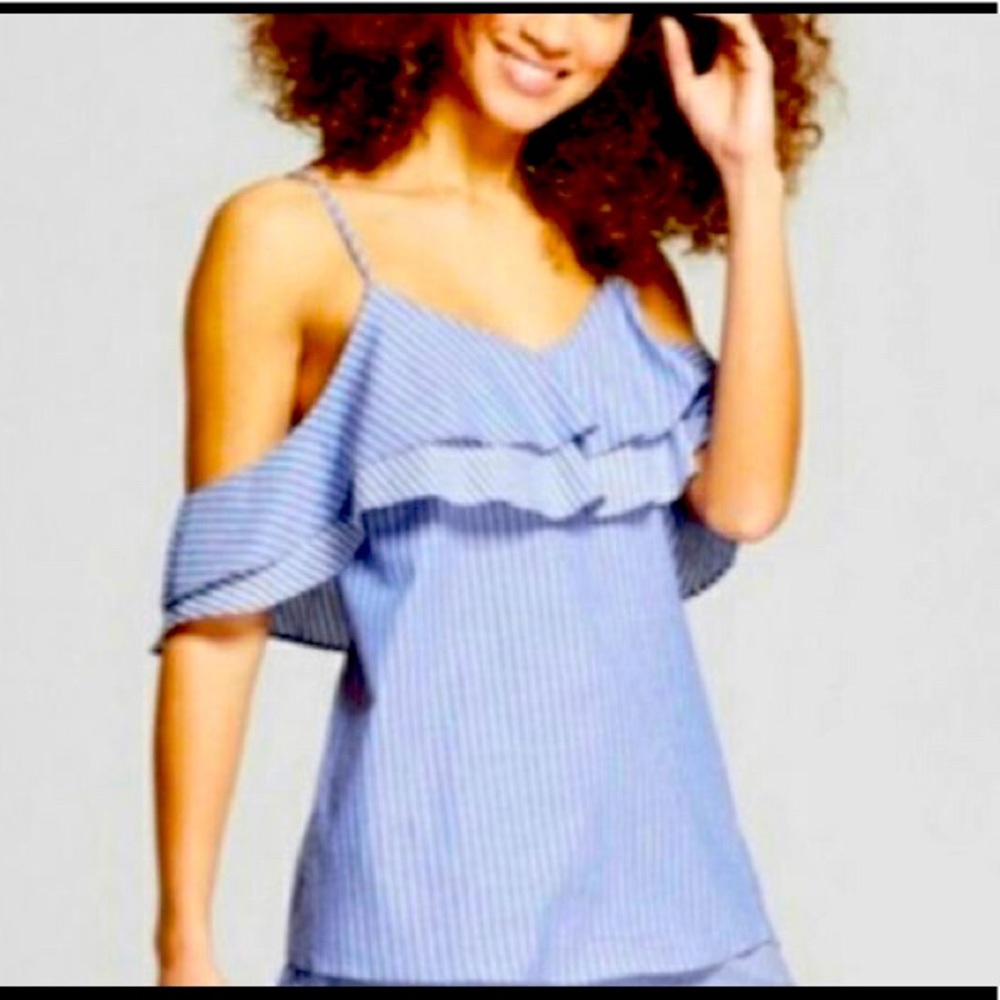 Target A New Day Women’s Blue Striped Cold Shoulder Top Ruffles - XS